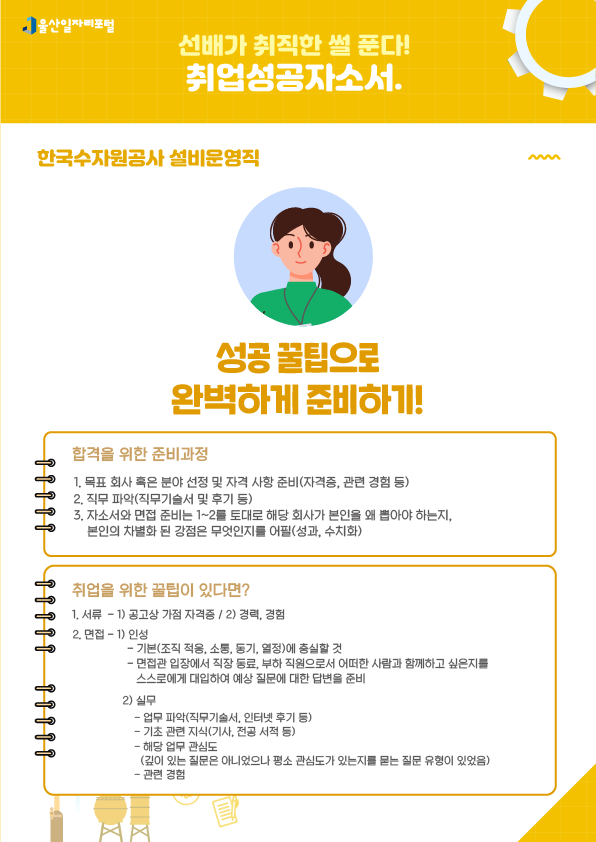 3. 한국수자원공사 설비운영직, 성공 꿀팁으로 완벽하게 준비하기!  [합격을 위한 준비과정] 1. 목표 회사 혹은 분야 선정 및 자격 사항 준비(자격증, 관련 경험 등) 2. 직무 파악(직무기술서 및 후기 등) 3. 자소서와 면접 준비는 1~2를 토대로 해당 회사가 본인을 왜 뽑아야 하는지, 본인의 차별화 된 강점은 무엇인지를 어필(성과, 수치화)  [취업을 위한 꿀팁이 있다면?] 1. 서류 1) 공고상 가점 자격증 2) 경력, 경험  2. 면접 1) 인성 - 기본(조직 적응, 소통, 동기, 열정)에 충실할 것 - 면접관 입장에서 직장 동료, 부하 직원으로서 어떠한 사람과 함께하고 싶은지를 스스로에게 대입하여 예상 질문에 대한 답변을 준비 2) 실무 - 업무 파악(직무기술서, 인터넷 후기 등) - 기초 관련 지식(기사, 전공 서적 등) - 해당 업무 관심도(깊이 있는 질문은 아니었으나 평소 관심도가 있는지를 묻는 질문 유형이 있었음) - 관련 경험