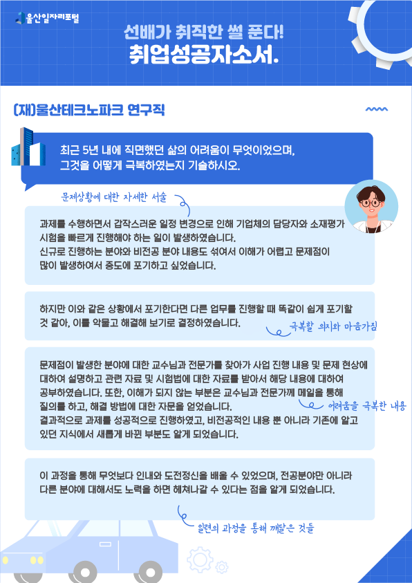 5. 선배가 취직한 썰 푼다! 취업성공 자소서 (재)울산테크노파크 연구직  - 최근 5년 내에 직면했던 삶의 어려움이 무엇이었으며, 그것을 어떻게 극복하였는지 기술하시오.  과제를 수행하면서 갑작스러운 일정 변경으로 인해 기업체의 담당자와 소재평가시험을 빠르게 진행해야 하는 일이 발생하였습니다. 신규로 진행하는 분야와 비전공 분야 내용도 섞여서 이해가 어렵고 문제점이 많이 발생하여서 중도에 포기하고 싶었습니다. → 문제상황에 대한 자세한 서술 하지만 이와 같은 상황에서 포기한다면 다른 업무를 진행할 때 똑같이 쉽게 포기할 것 같아, 이를 악물고 해결해 보기로 결정하였습니다. → 극복할 의지와 마음가짐 문제점이 발생한 분야에 대한 교수님과 전문가를 찾아가 사업 진행 내용 및 문제 현상에 대하여 설명하고 관련 자료 및 시험법에 대한 자료를 받아서 해당 내용에 대하여 공부하였습니다. 또한, 이해가 되지 않는 부분은 교수님과 전문가께 메일을 통해 질의를 하고, 해결 방법에 대한 자문을 얻었습니다. 결과적으로 과제를 성공적으로 진행하였고, 비전공적인 내용 뿐 아니라 기존에 알고 있던 지식에서 새롭게 바뀐 부분도 알게 되었습니다. → 어려움을 극복한 내용 이 과정을 통해 무엇보다 인내와 도전정신을 배울 수 있었으며, 전공분야만 아니라 다른 분야에 대해서도 노력을 하면 헤져나갈 수 있다는 점을 알게 되었습니다. → 일련의 과정을 통해 깨달은 것들